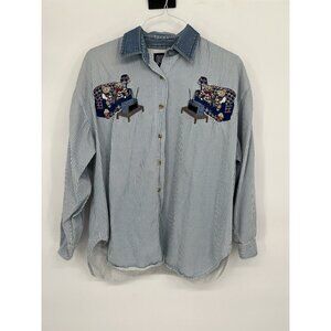Vintage Quizz New York Shirt Womens 20 Blue White Stripe Embroidered Bears Denim